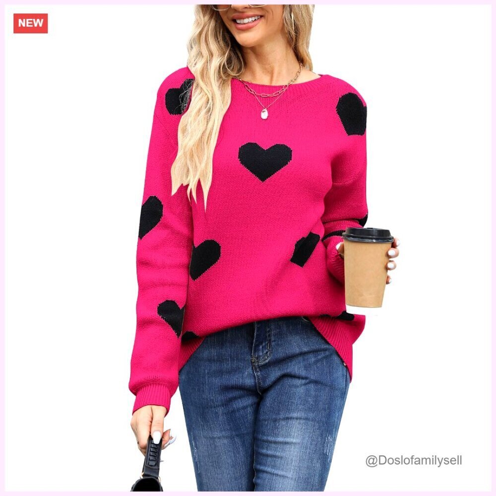 Cute Heart Print Sweater Crew Neck Long Sleeve Pullover Y2K Chic Cozy